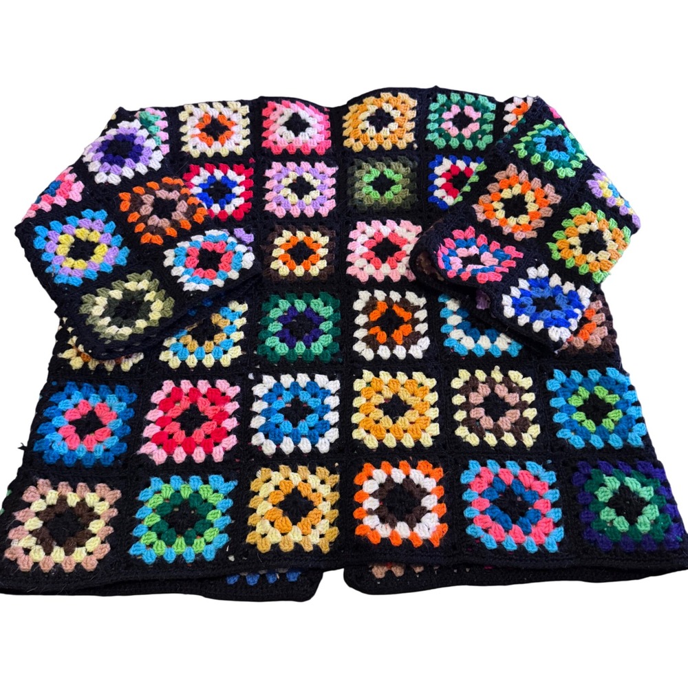 Handmade Crochet Granny Square Oversized Cardigan Patchwork 7/8 Sleeves
